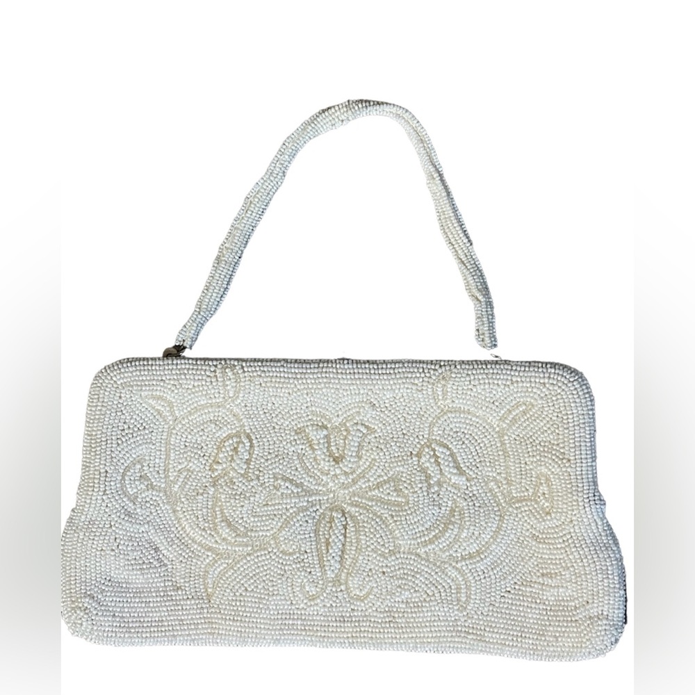 Vintage 1950s Ivory Beaded Design Evening Purse Clutch With Silk Lining